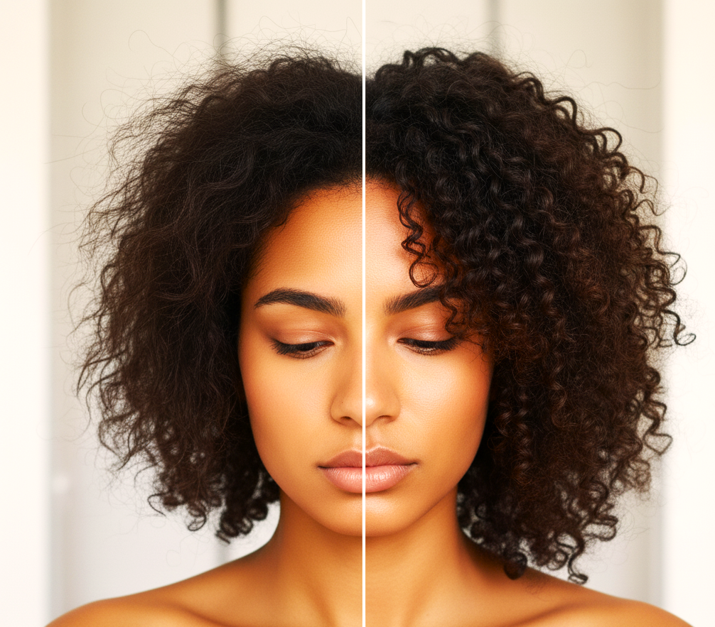 Woman with curly hair on a plain background showing before and after photos