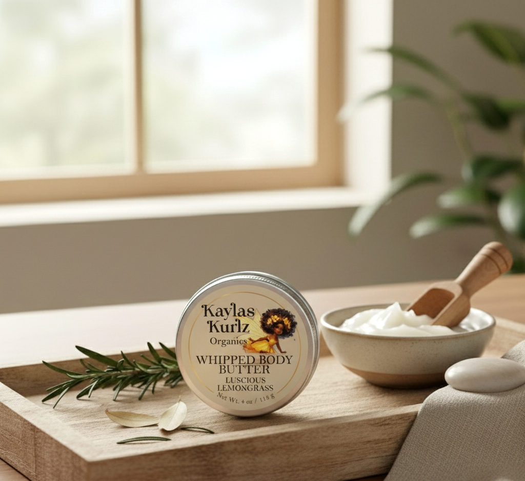A jar of Luscious Lemongrass Whipped Body Butter that sits on a wooden plank with a side of the creamy, whipped body butter beside it. The packaging features a clean, natural design, and fresh rosemary sprigs sit beside the jar, evoking a soothing, herbal scent.  A serene back with a green plant that sits in the corner and a outside view through a closed window.