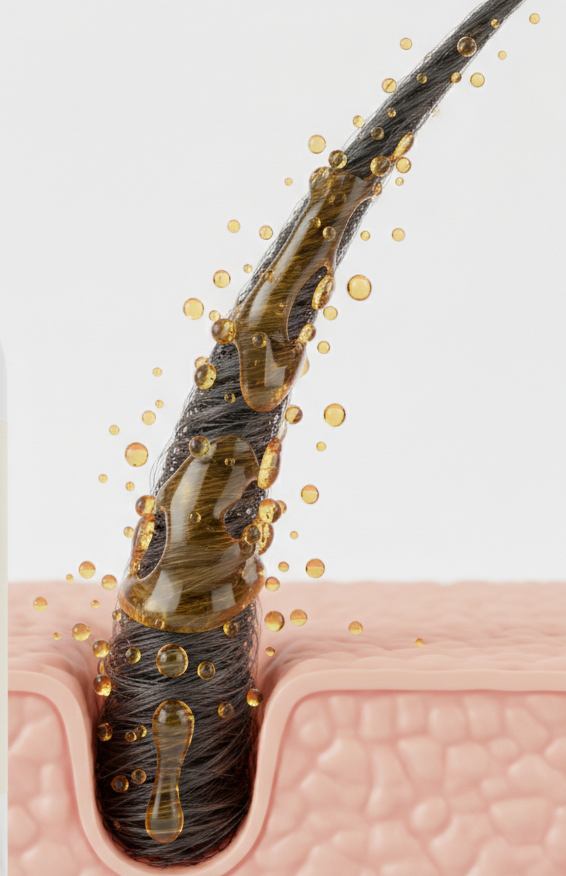 Close-up of a hair follicle with oil dripping from it, on a light pink background.