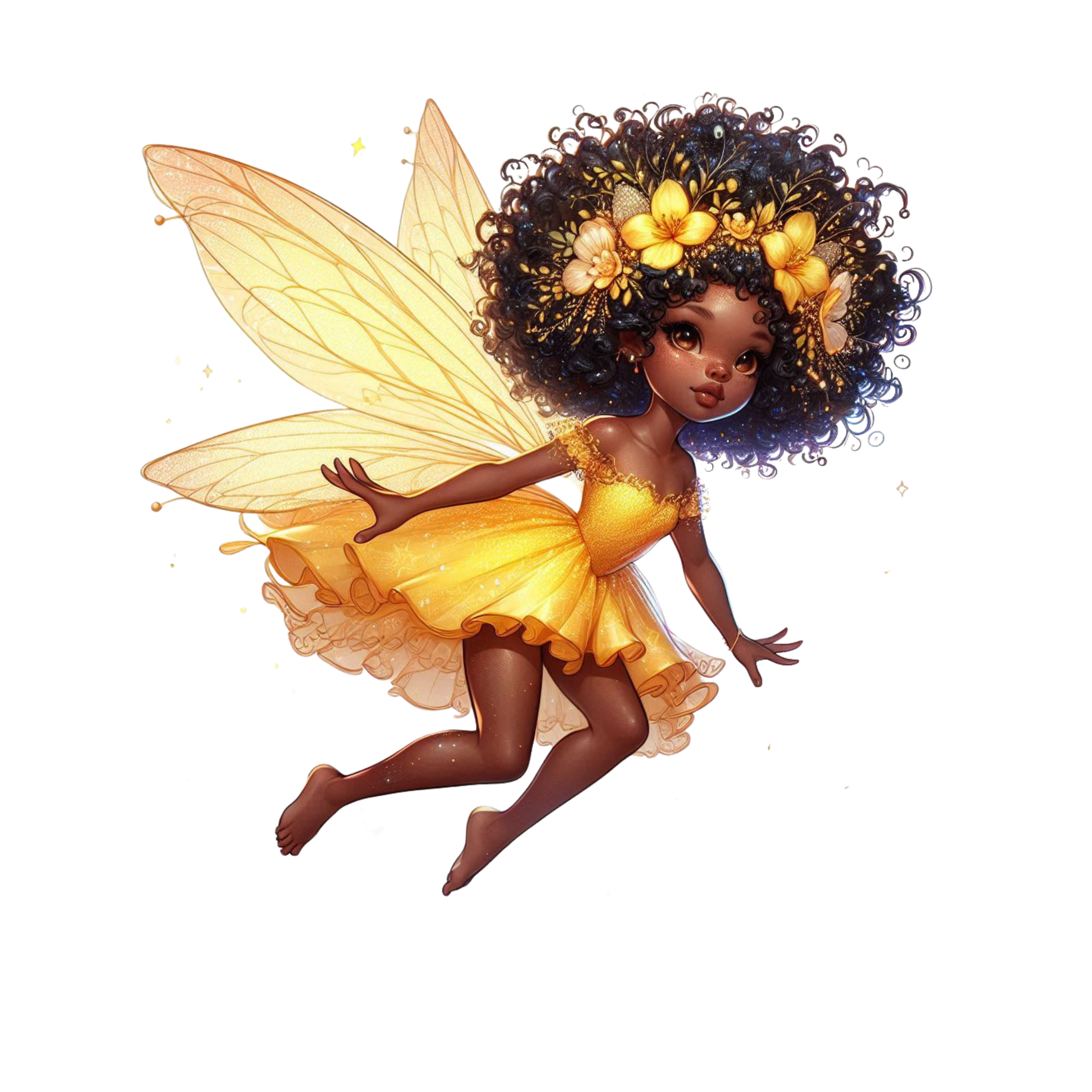 A photo of Kaylas Kurlz Organics beauty Afican-American fairy as she flies hands extended with a beautifully flowy yellow dress with yellow see through wings and a yellow flowered crowns with loose beautiful curls against a white backgound.