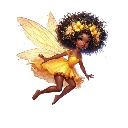 A photo of Kaylas Kurlz Organics beauty Afican-American fairy as she flies hands extended with a beautifully flowy yellow dress with yellow see through wings and a yellow flowered crowns with loose beautiful curls against a white backgound.