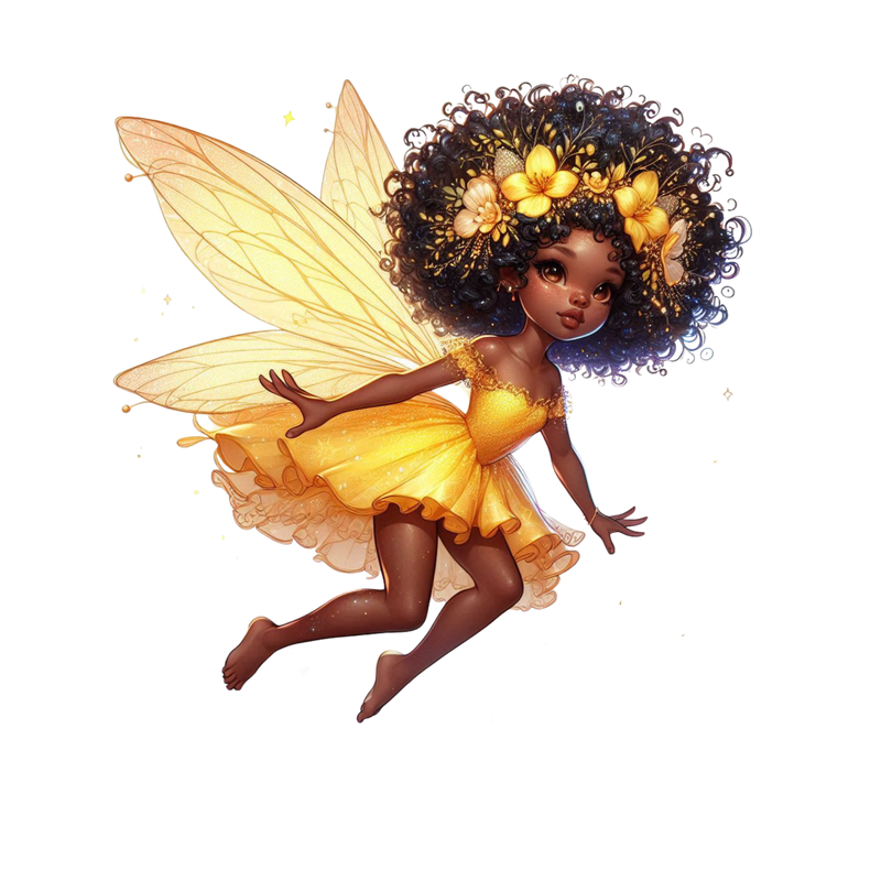 A photo of Kaylas Kurlz Organics beauty Afican-American fairy as she flies hands extended with a beautifully flowy yellow dress with yellow see through wings and a yellow flowered crowns with loose beautiful curls against a white backgound.