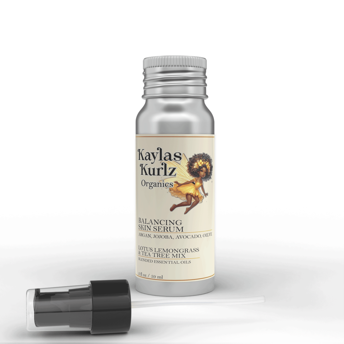 Kaylas Kurlz Organics Lotus Lemongrass & Tea Tree Mix Balancing Skin Serum against a white background with a black spray  lid next to the silver bottle. 