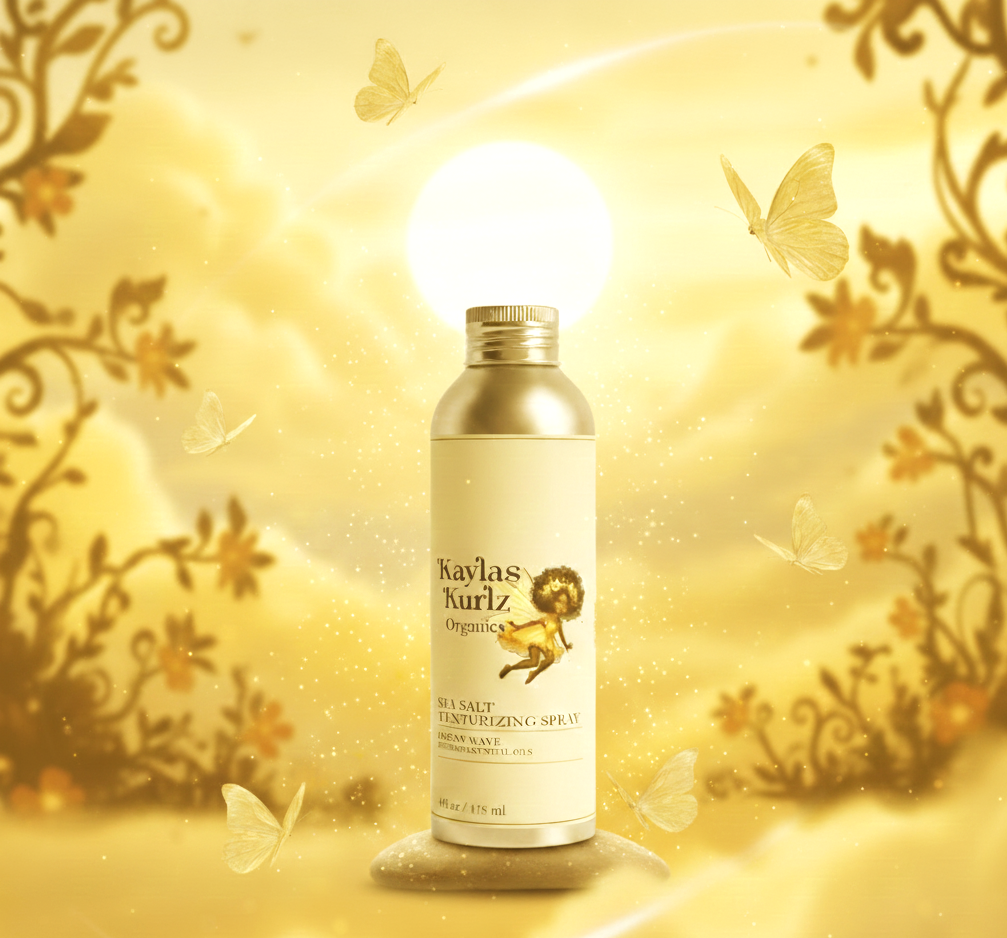 Bottle of Kaylas Kurlz product with decorative background featuring butterflies and flowers.