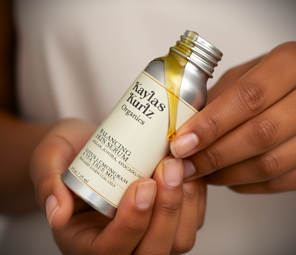 Person holding a bottle of Kaylas Kuriz Organics Balancing Skin Serum.