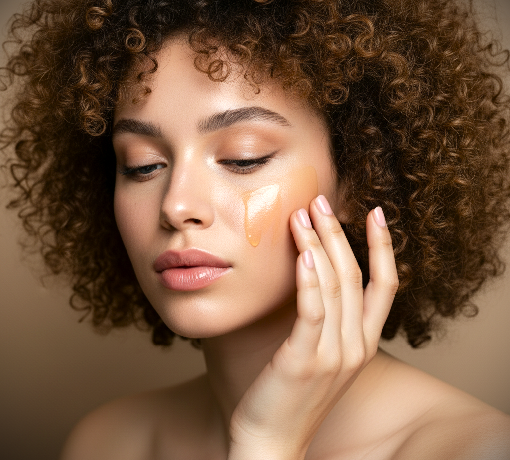 Woman applying a Kaylas Kurlz Organics Lotus Lemongrass & Tea Tree Mix Balancing Skin Serum skincare product to her face with a neutral background