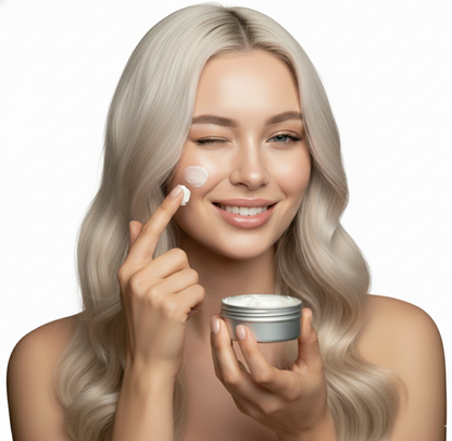 A beautiful woman with loose long curly hair winking her one eye  and dabbing a speck of the Kayla's Kurlz Lovely Lavender Whipped Body Butter on her face holding a  jar of Radiant Rosemary Whipped Body Butter with a light, creamy texture, gently swirled on top. The packaging features a clean, natural design.