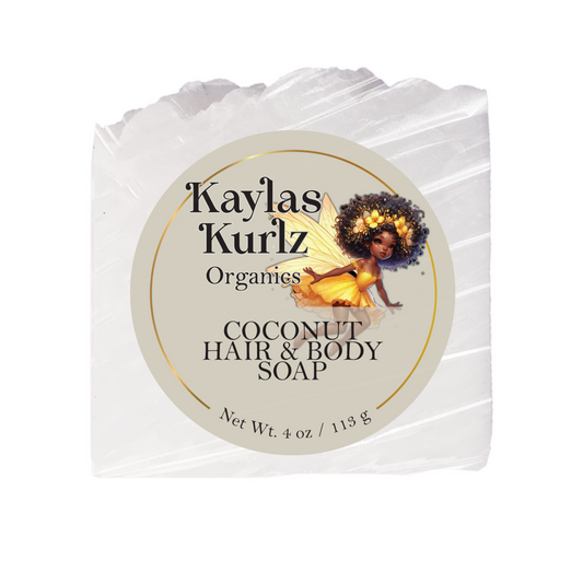 Kaylas Kurlz Organics Mermaid Enchanted Coconut Hair And Body Soap with the label showing.  It is against a white background.