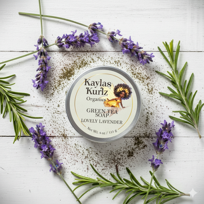 Kaylas Kurlz Organics Green Tea Soap with lavender and rosemary on a white wooden background.