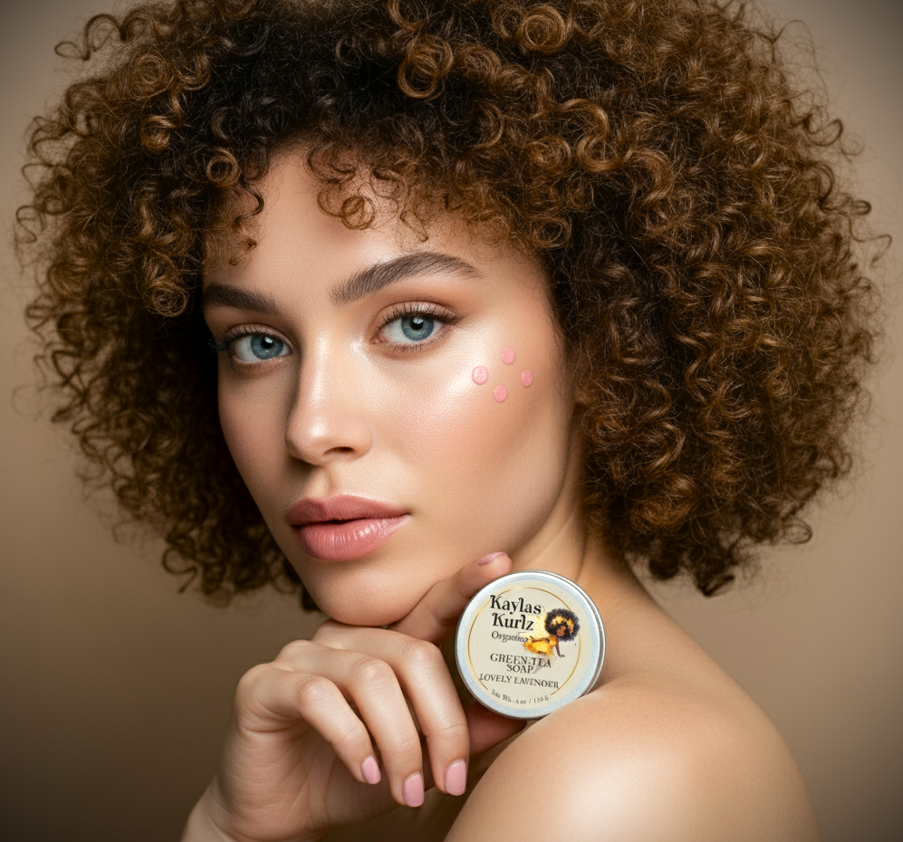 Woman holding a container ofKaylas Kurlz Organics  Royal Hair Styling Gel against a neutral background