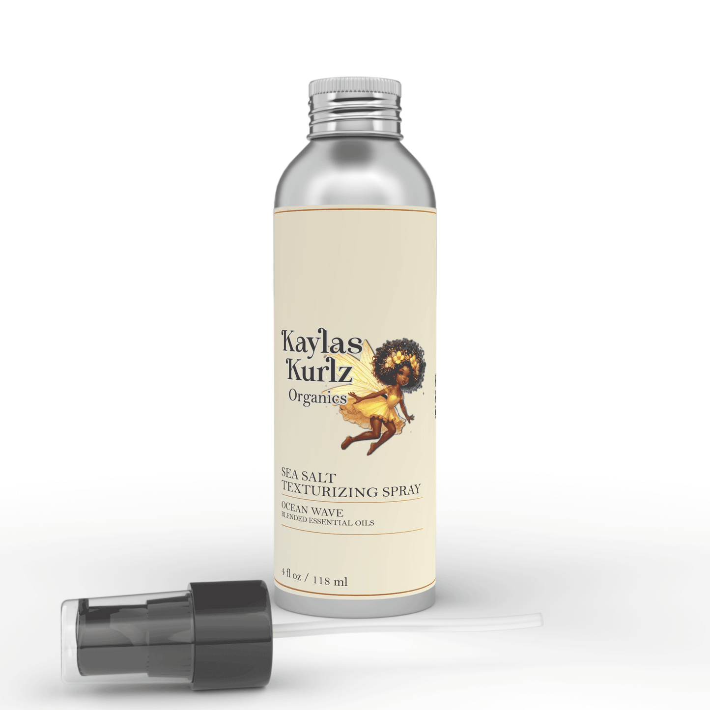 Kaylas Kurlz Organics  Sacred Shore Hair Mist  Sea Salt Texturizing Hair Spray bottle of Sacred Shore Hair Mist Sea Salt Texturizing Hair Spray with label featuring product information against a white background.