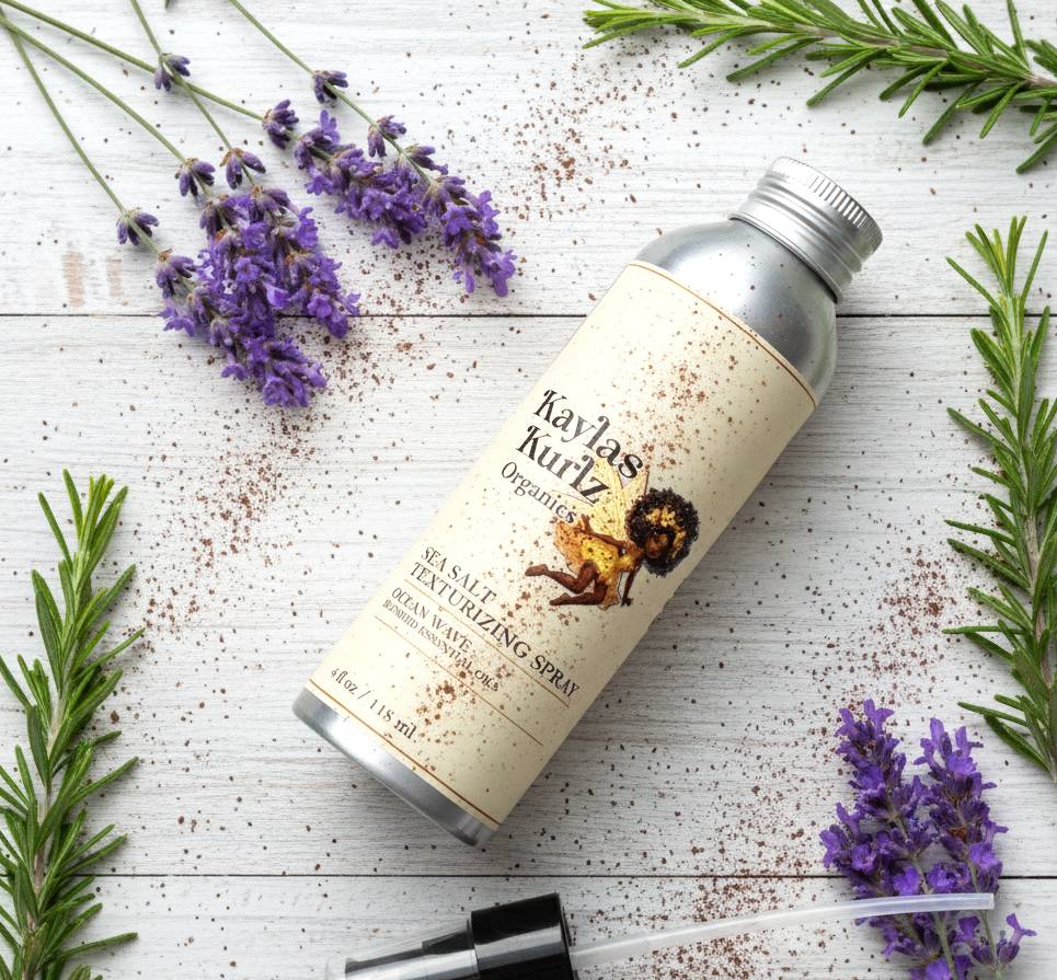 Kavlas Kurlz Organic Sea Salt Texturizing Spray bottle on a wooden surface with lavender and rosemary.