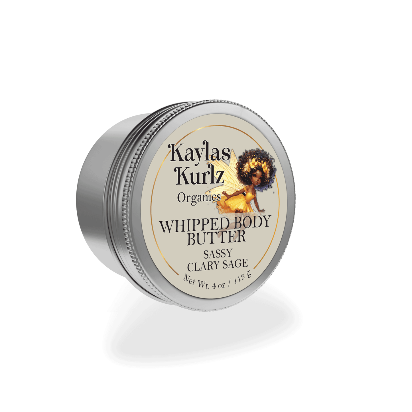 A jar of Kaylas Kurlz Organics Sassy Clary Sage Whipped Body Butter against a white background. 