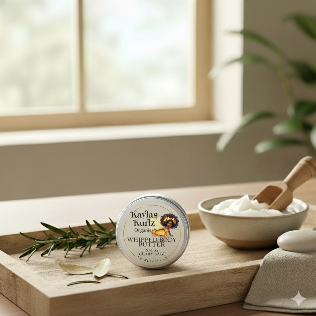 Kavla Kurlz Organics Sass Clary Sage whipped body butter on a wooden tray with a bowl of cream and plant. leaves.