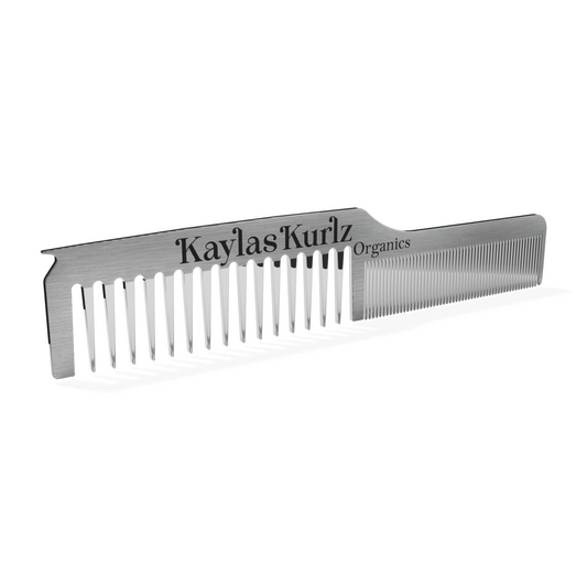 A Kaylas Kurlz Organics The Hairloom Stainless Dual Tooth Hair Architect Comb with dual teeth, engraved with the brand name Kayla's Kurlz Organics on the side against a white background.
