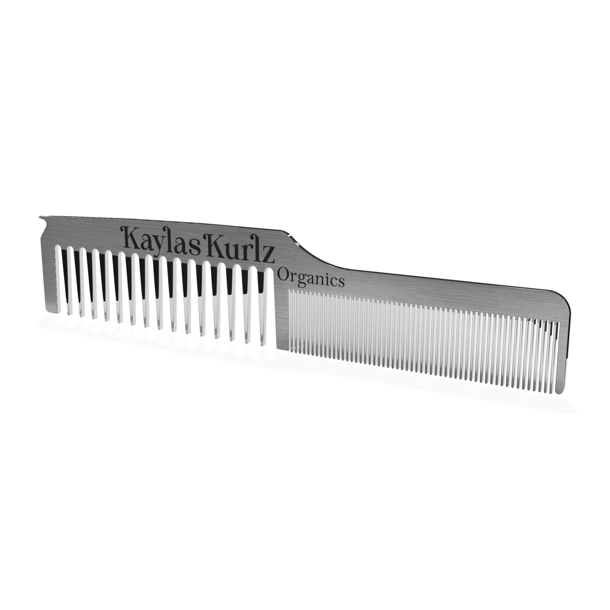A Kaylas Kurlz Organics The Hairloom Stainless Dual Tooth Hair Architect Comb with dual teeth, engraved with the brand name Kayla's Kurlz Organics on the side against a white background.