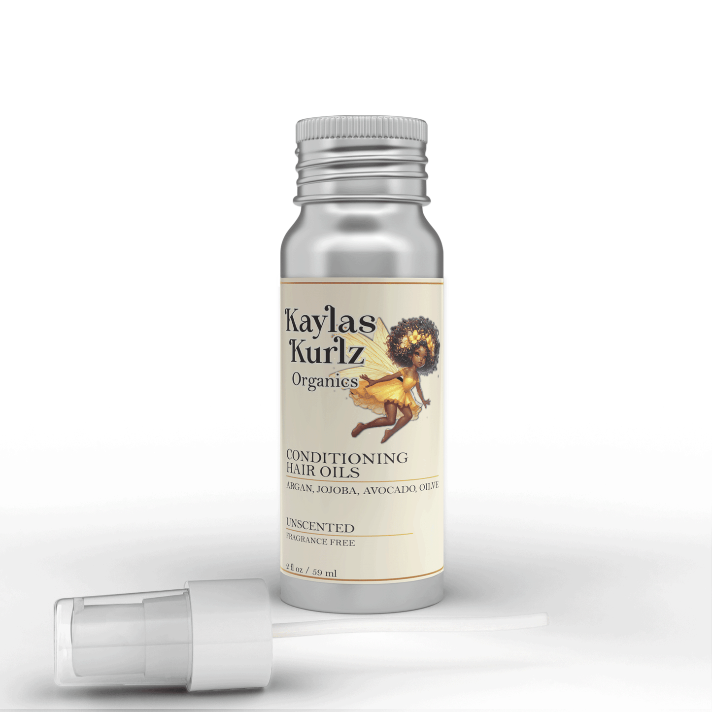 A bottle of Kaylas Kurlz Organics Whimsy & Wonder Hair Conditioning Oil Hair Serum Whimsy & Wonder Hair Conditioning Oil Hair Serum with the label showing the product name against a white background