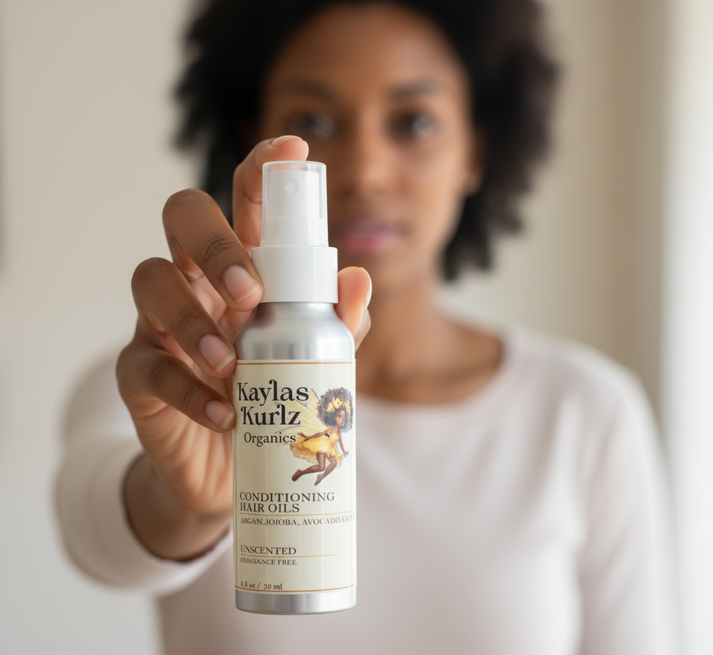 Person holding a bottle of Kaylas Kurlz Organics Whimsy & Wonder Hair Conditioning Oil Hair Serum with a blurred background