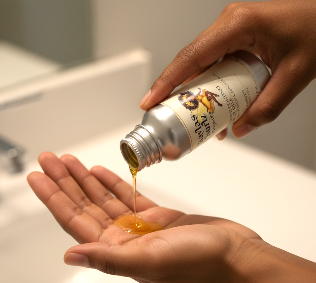 Person pouring Kaylas Kurlz Organics Whimsy & Wonder Hair Conditioning Oil Hair Serum into their palm.