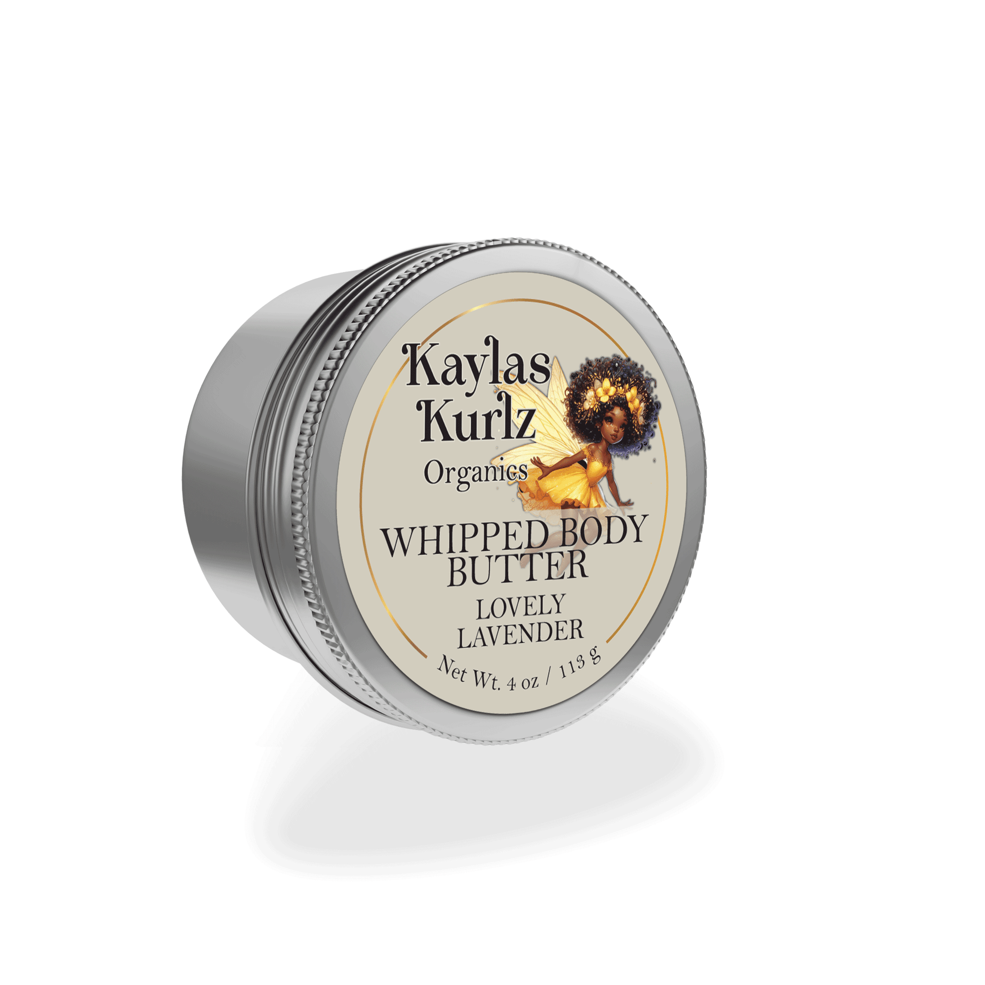 A jar of Kayla's Kurlz Organics Lovely Lavender Body Butter with a light, creamy texture, gently swirled on top. The packaging features a clean, natural design.
