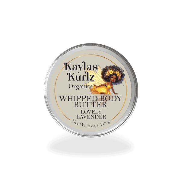 A jar of Kaylas Kurlz Organics Lovely Lavender Body Butter with a light, creamy texture, gently swirled on top. The packaging features a clean, natural design.
