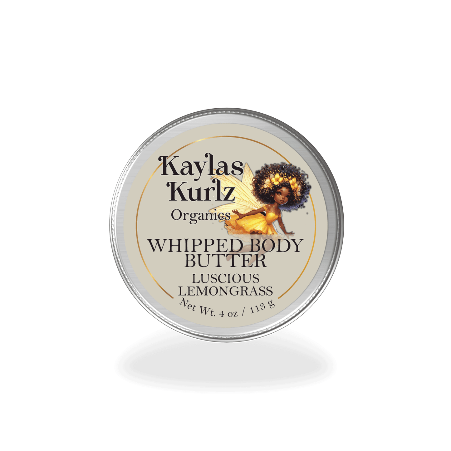 A jar of Luscious Lemongrass Whipped Body Butter with a light, creamy texture, gently swirled on top. The packaging features a clean, natural design.