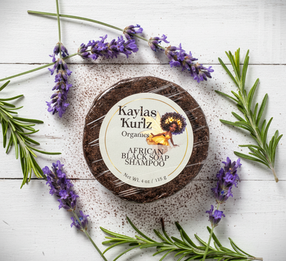 Bar of Kaylas Kurlz African Black Soap Shampoo with lavender and rosemary on a white background