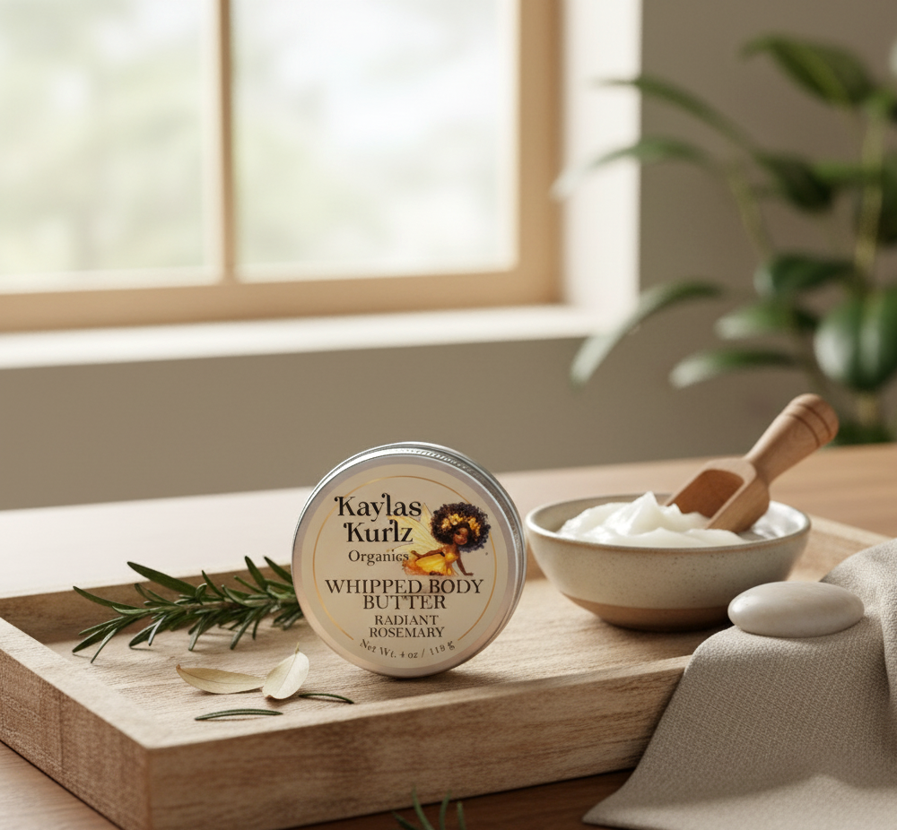 A jar of Kayla's Kurlz Organics Radiant Rosemary Whipped Body Butter that sits on a wooden plank with a side of the creamy, whipped body butter beside it. The packaging features a clean, natural design, and fresh rosemary sprigs sit beside the jar, evoking a soothing, herbal scent.  A serene back with a green plant that sits in the corner and a outside view through a closed window.